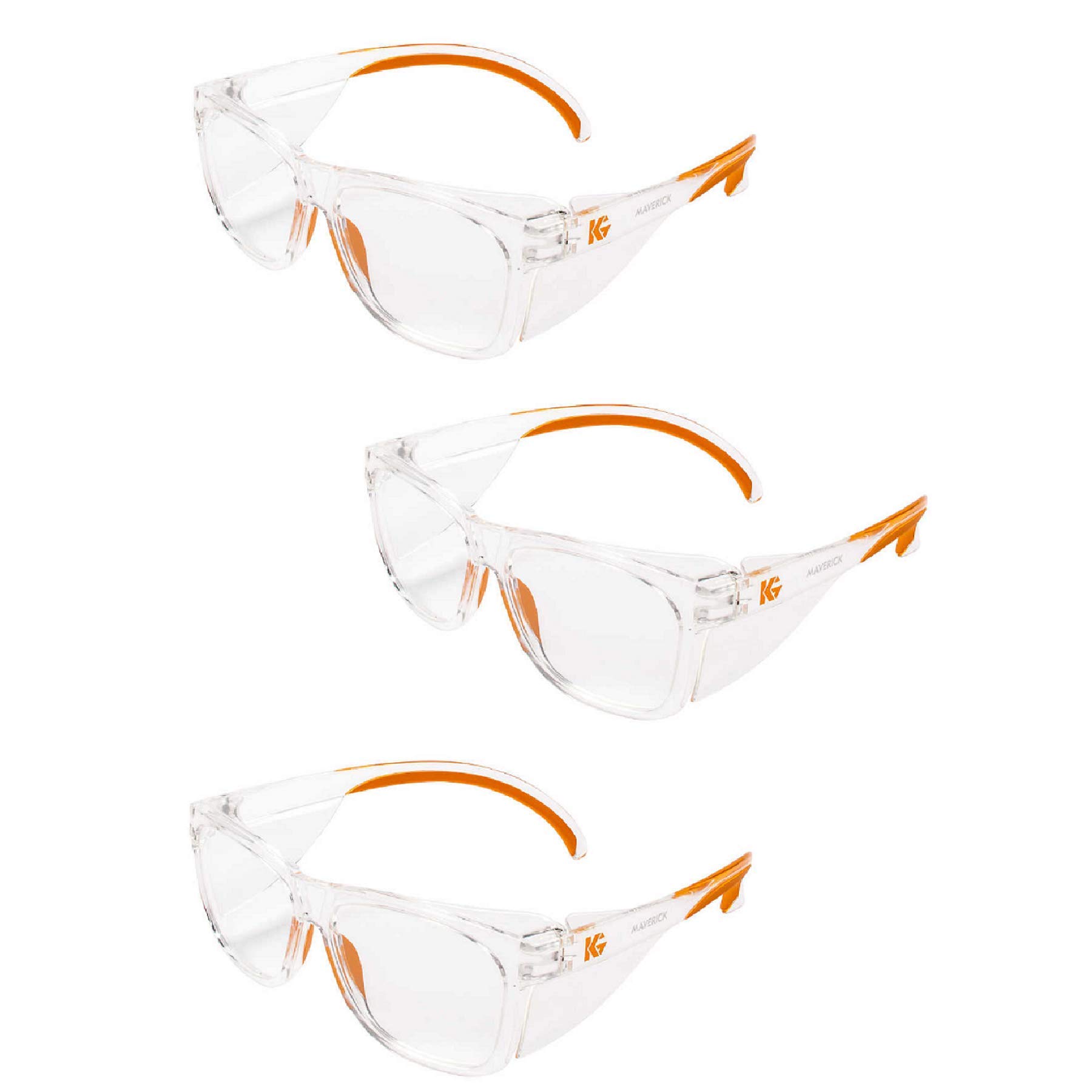 Kleenguard Maverick Safety Glasses with Intergrated Side Shields (3 Pair) (49301 Clear Anti-Fog Lens with Clear Frame and Orange Tips)