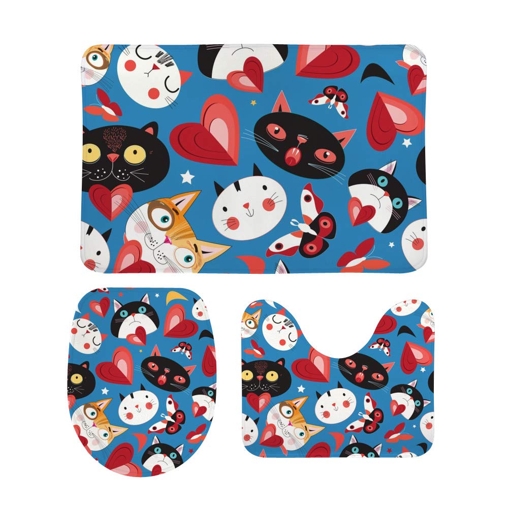 Tapis de salle de bain antidérapants Lot de 3 en mousse polaire chat bleu