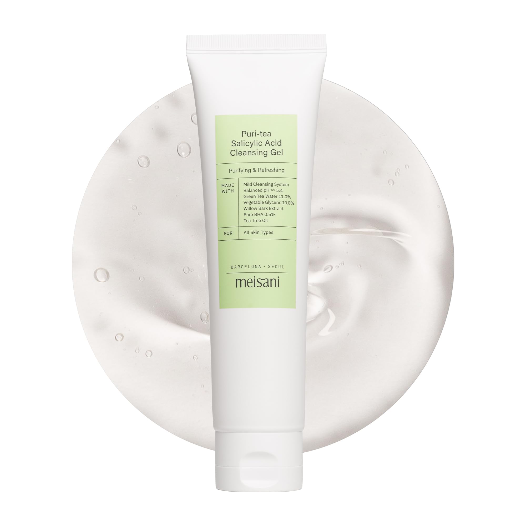 Meisani Puri-Tea Salicylic Acid Cleansing Gel, Nettoyant vegan, sans sulfate et au pH équilibré, 150ml