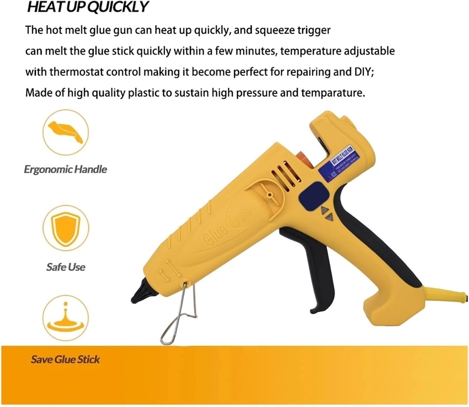 Hot Glue Gun 500W High Power Hot Melt Glue Gun Craft Repair Tools Heat Glue Gun with 11mm Glue Sticks Industrial Rod for DIY Arts, Crafts and Quick Repairs(Yellow)