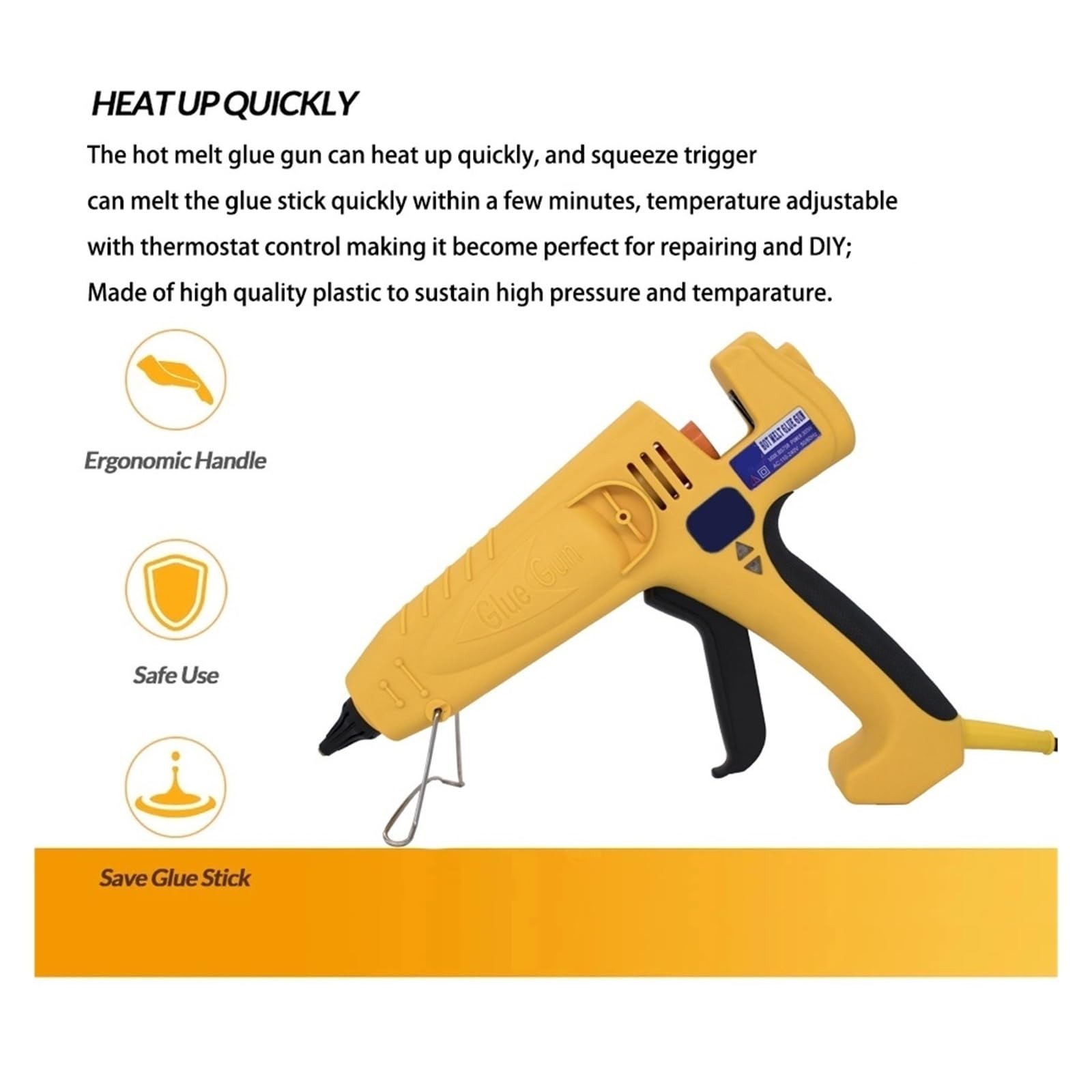 500W Wysokiej Mocy Pistolet Do Klejenia Na Gorąco Narzędzia Naprawy Rękodzieła Z 11mm Kleje W Sztyfcie Pręt Przemysłowy Szybkie Niezawodne Klejenie(Yellow)
