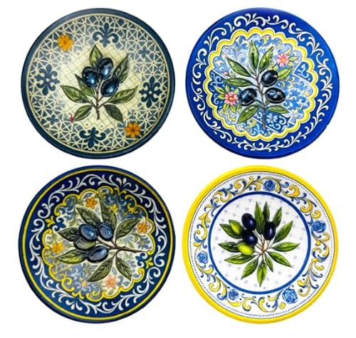SIGNES GRIMALT Lot de 4 Assiettes Décoratives Murales Olives en Céramique – Style Méditerranéen – 16 cm