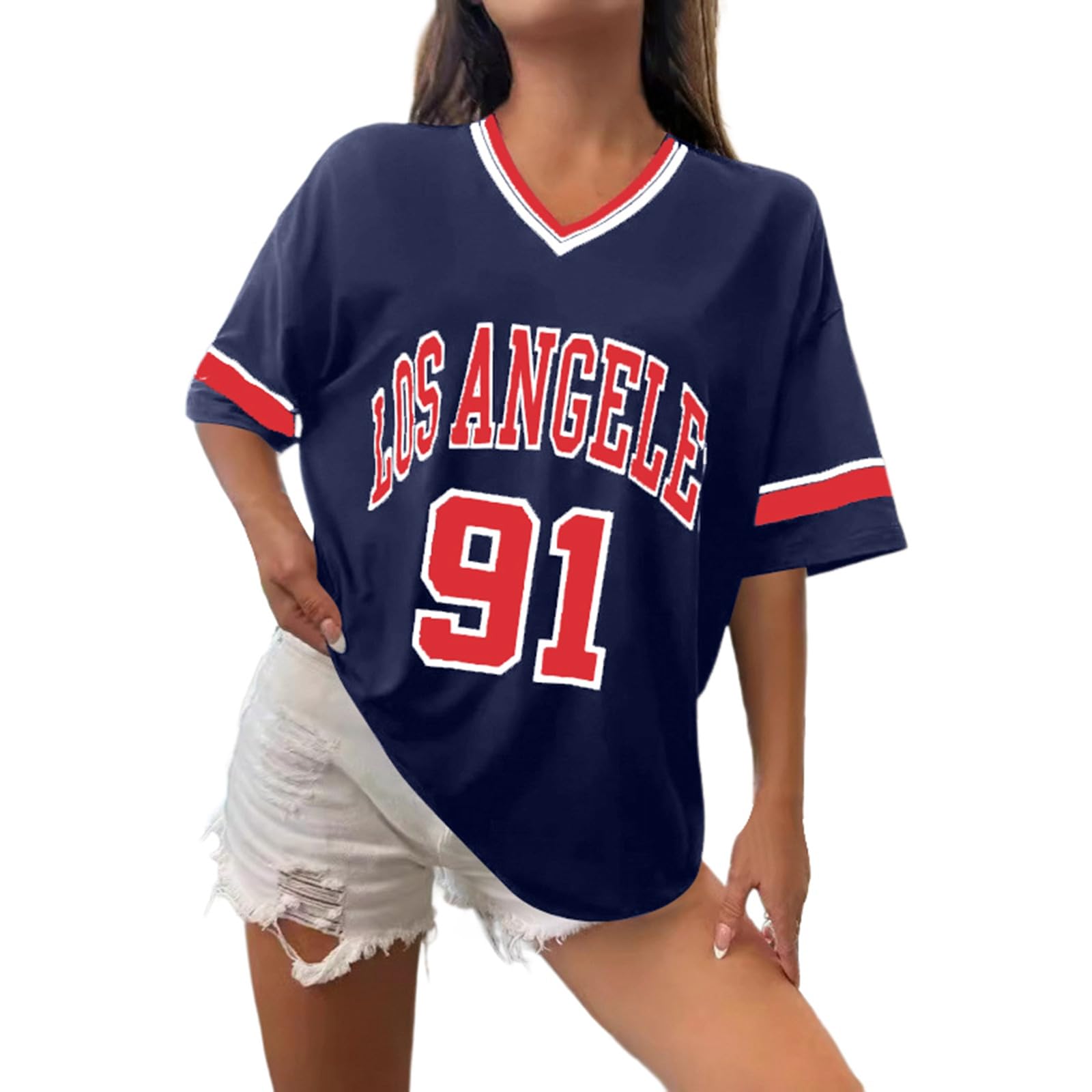 Women's Los Angeles Shirt Baseball Jerseys Oversized Y2k Number Shirts Graphic Striped Trim Casual Shirt V Neck Streetwear Striped Graphic Tee Casual Top Summer Sports Shirt, O Navy, XL