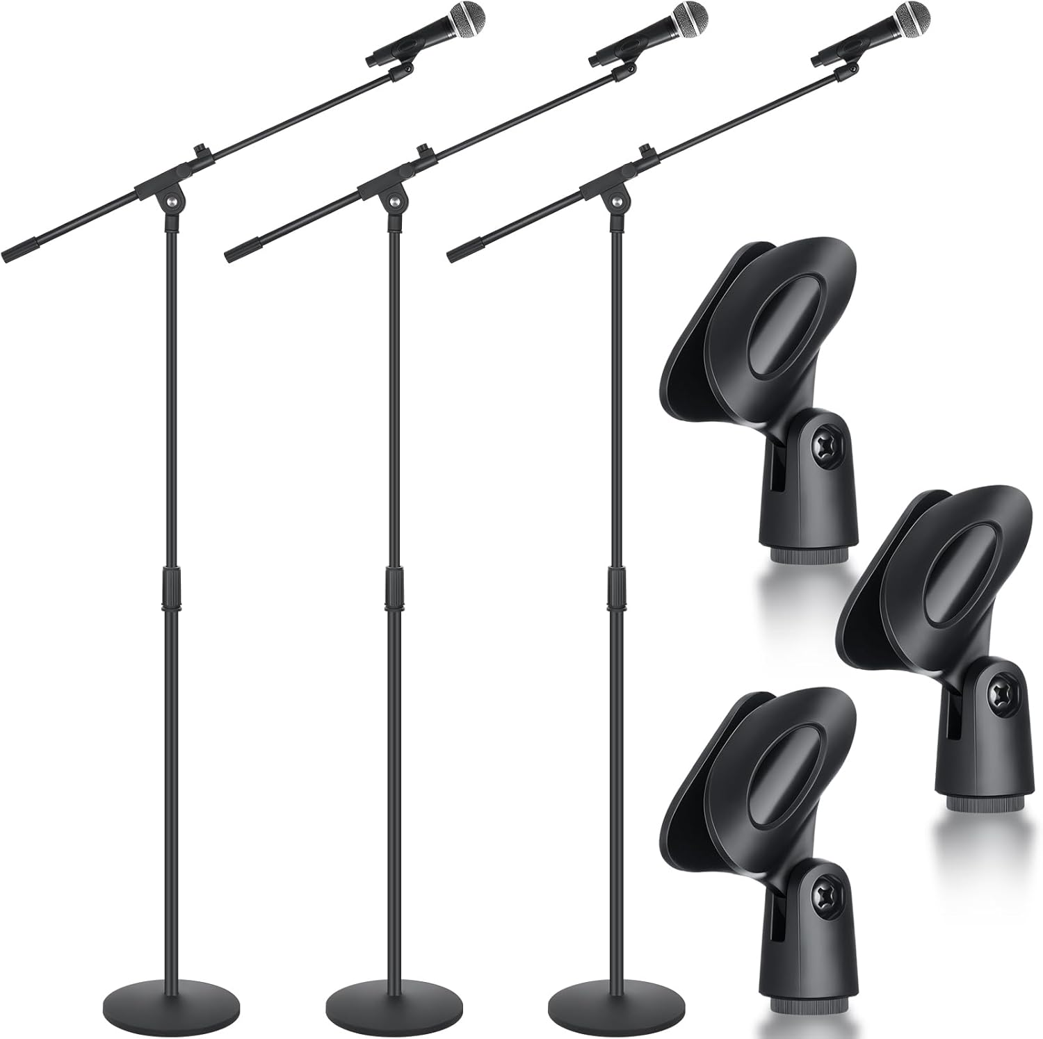 3 Pack One Hand Microphone Stand with Weighted Heavy Round Base, 3 to 5.3 ft Height Adjustment Microphone Stands, Telescoping Mic Boom Arm, Mic Holder for Singing Concert Performances