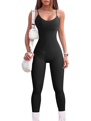 Women Workout Seamless Jumpsuit Yoga Ribbed Bodycon One Piece Spaghetti