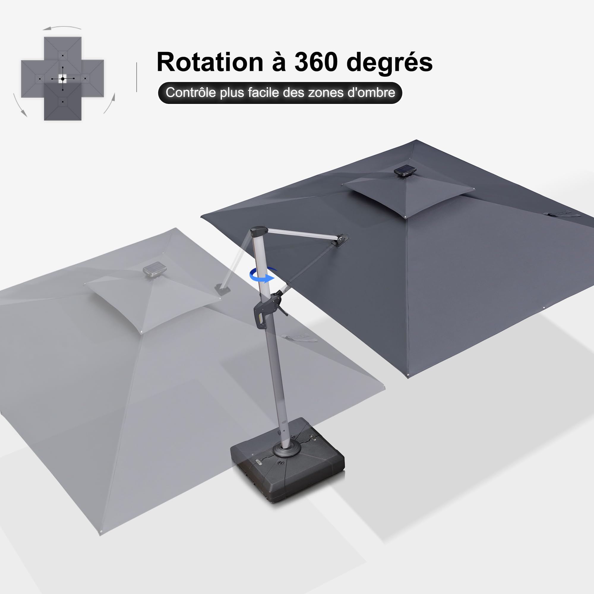 PURPLE LEAF Parasol de Jardin Extérieur 2,7 x 3,65 m avec LED et Pied,Gris