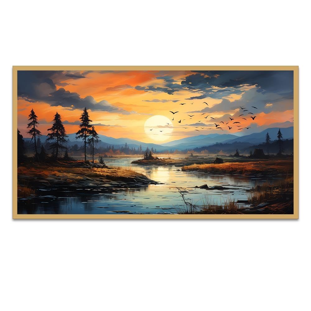 DEKORSTATION Beautiful Nature Sunset Over a River with Trees and Mountains Floating Frame Canvas Wall Painting for Living Room |Bedroom | Office | Drawing room |Hotels Decoration (12 Inch x 18 Inch)