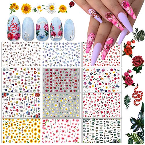 Kalolary 12 Sheets Flowers Nail Stickers Decals for Women, Fresh Flower Nail Decals Flower Nail Design Nail Art Stickers for Fingernails Decor Manicure Decorations Nail Art Accessories