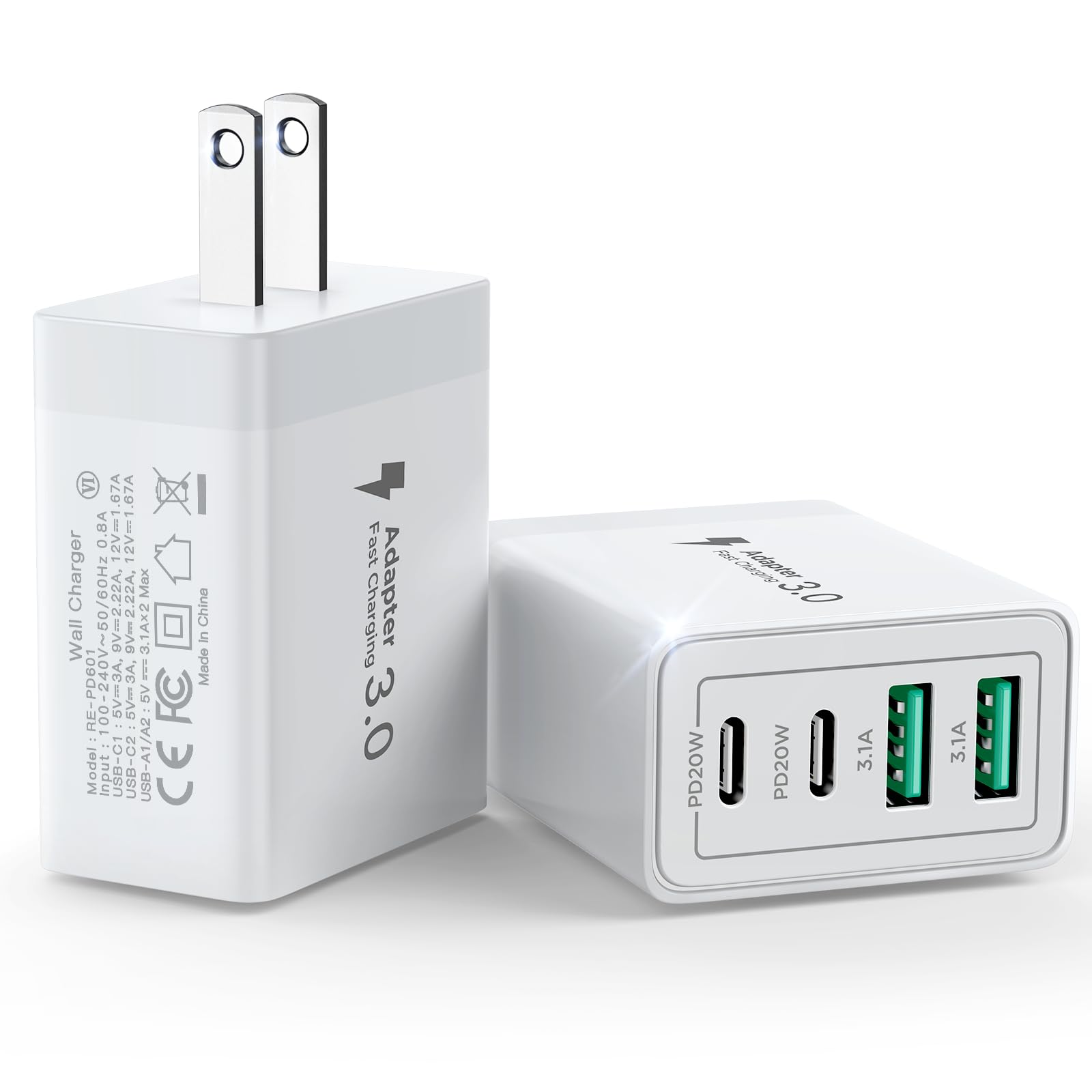 [2-Pack] USB C Wall Charger Block, 40W 4-Port USB C Super Fast Charger Dual Port PD Power Adapter+QC Wall Plug Multiport Type C Brick Cube Compatible with iPhone 15 14 13 12 11 Pro XR XS 8 7, Samsung