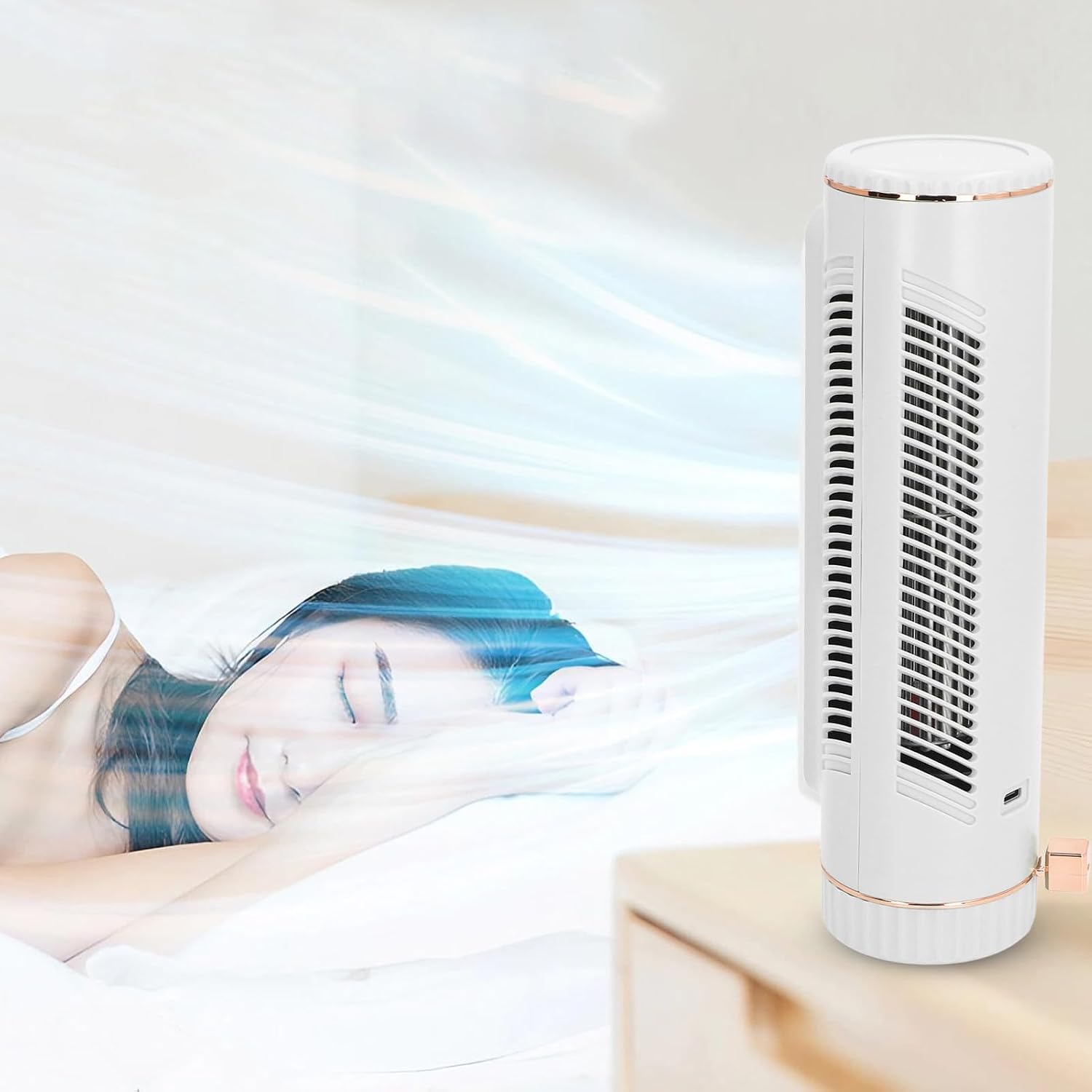 Ventilatore a torre oscillante per camera da letto, scrivania, senza pale, 3 velocità, silenzioso, ricaricabile, per camera da letto, ufficio, esterno (bianco)