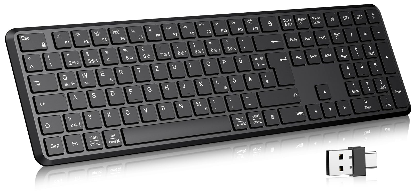 TECURS Kabellose Bluetooth Tastatur (2BT+2.4G), QWERTZ Layout, Schwarz