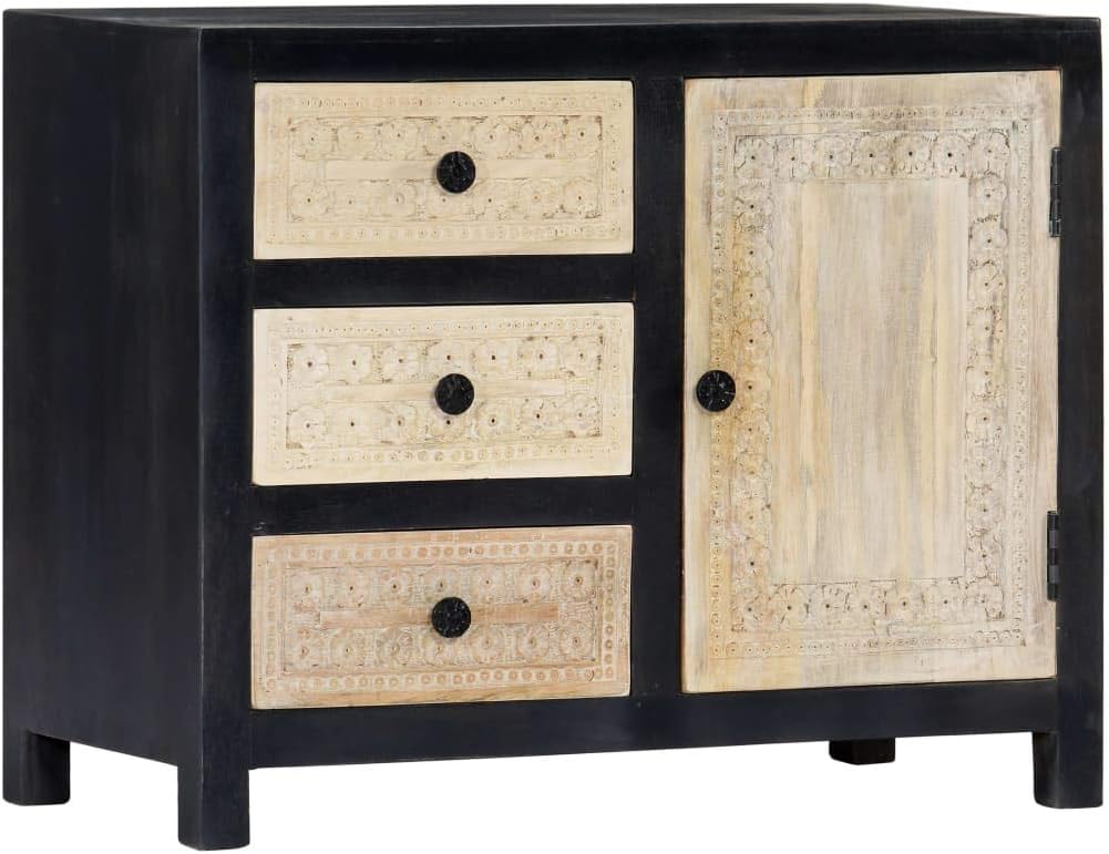 Hand Carved Solid Mango Wood Side Cabinet with Grey and Natural Finish, 3 Drawers and Cupboard for Versatile Storage, Durable MDF Medium Furniture for Living Room Bedroom