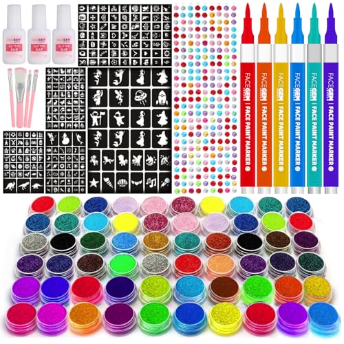 FACEGEM LONDON Ultimate 60 Colour Glitter Tattoo Kit 60 Colour Glitter Tattoos 200+ Stencils 1000+ Rhinestones Glitter Tattoos Festival and Party Set (including 20 neon glitters)