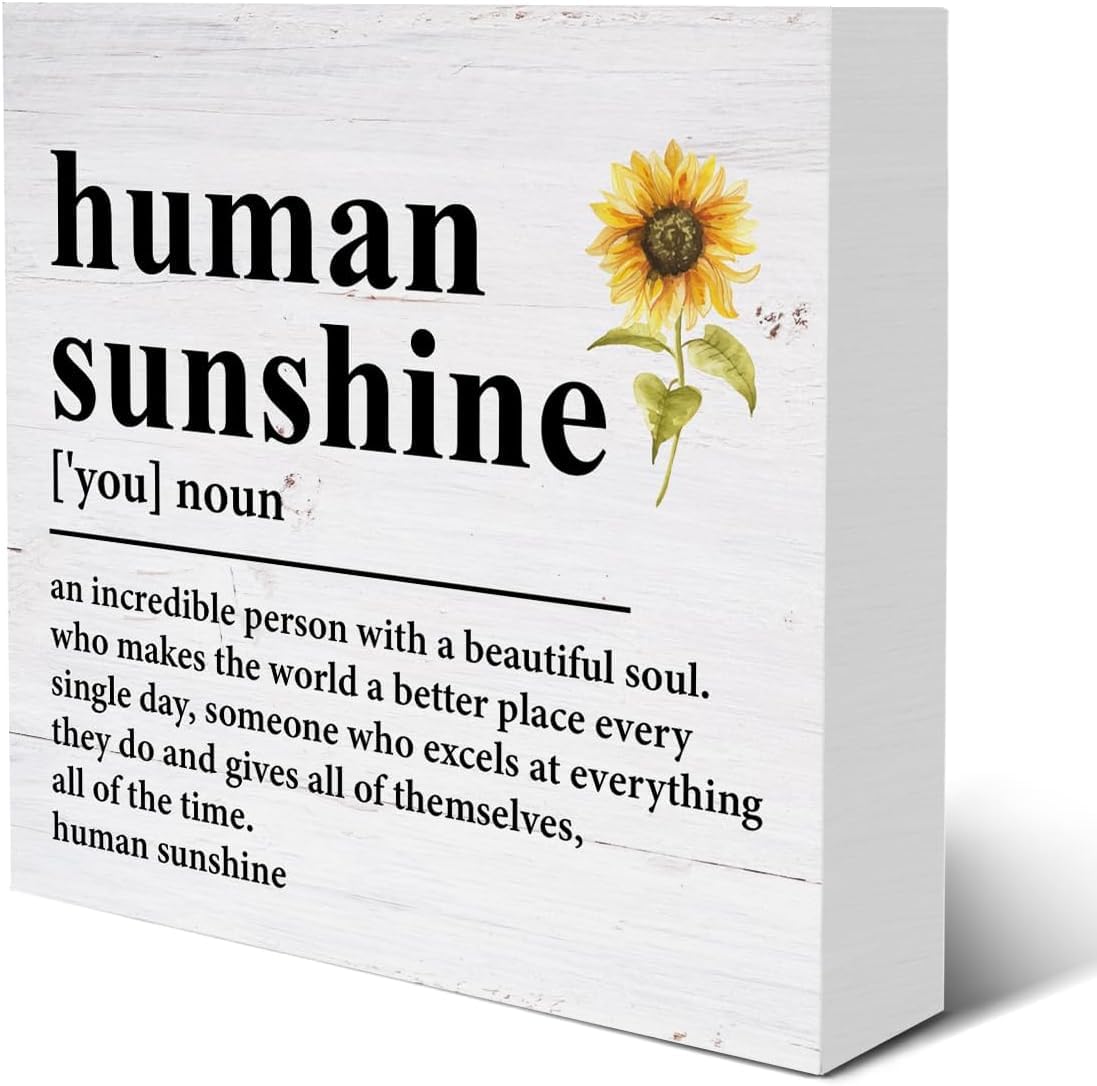 Human Sunshine Box Sign 7x7 Inch Sunflower Rustic Wooden Desk Decor