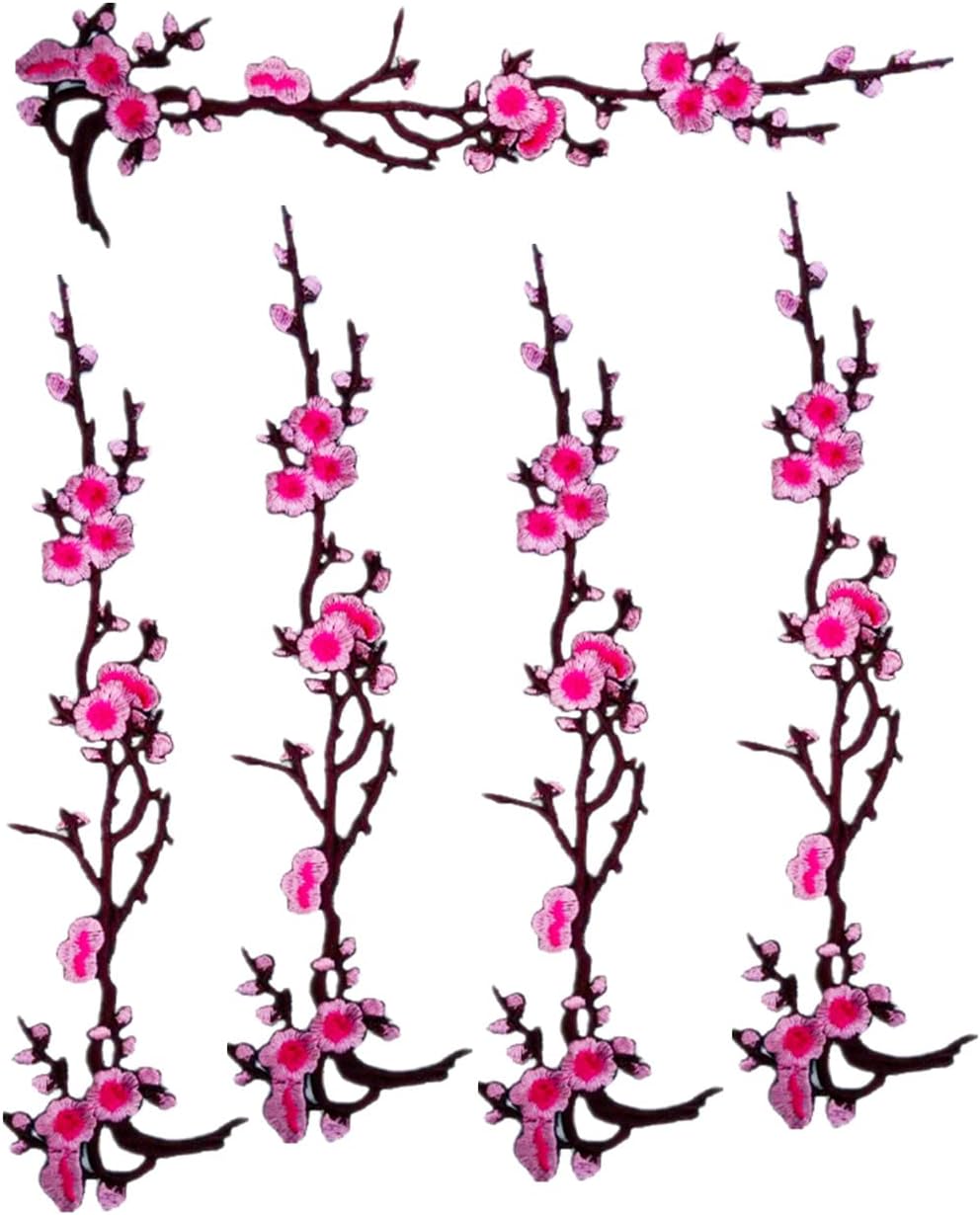 MSCFTFB 5 Pieces 14inch Long Plum Blossom Iron on Patches Floral Embroidered Patch Appliques Trimming for Neckline Shoes Jeans Clothes Repairing Embellishment Decor (Blue)