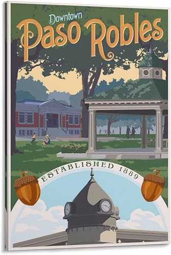 Pósteres de viaje vintage de California Paso Robles Downtown, diseño de castillo, bodega, lienzo, cuadros, cuadros artísticos, impresiones