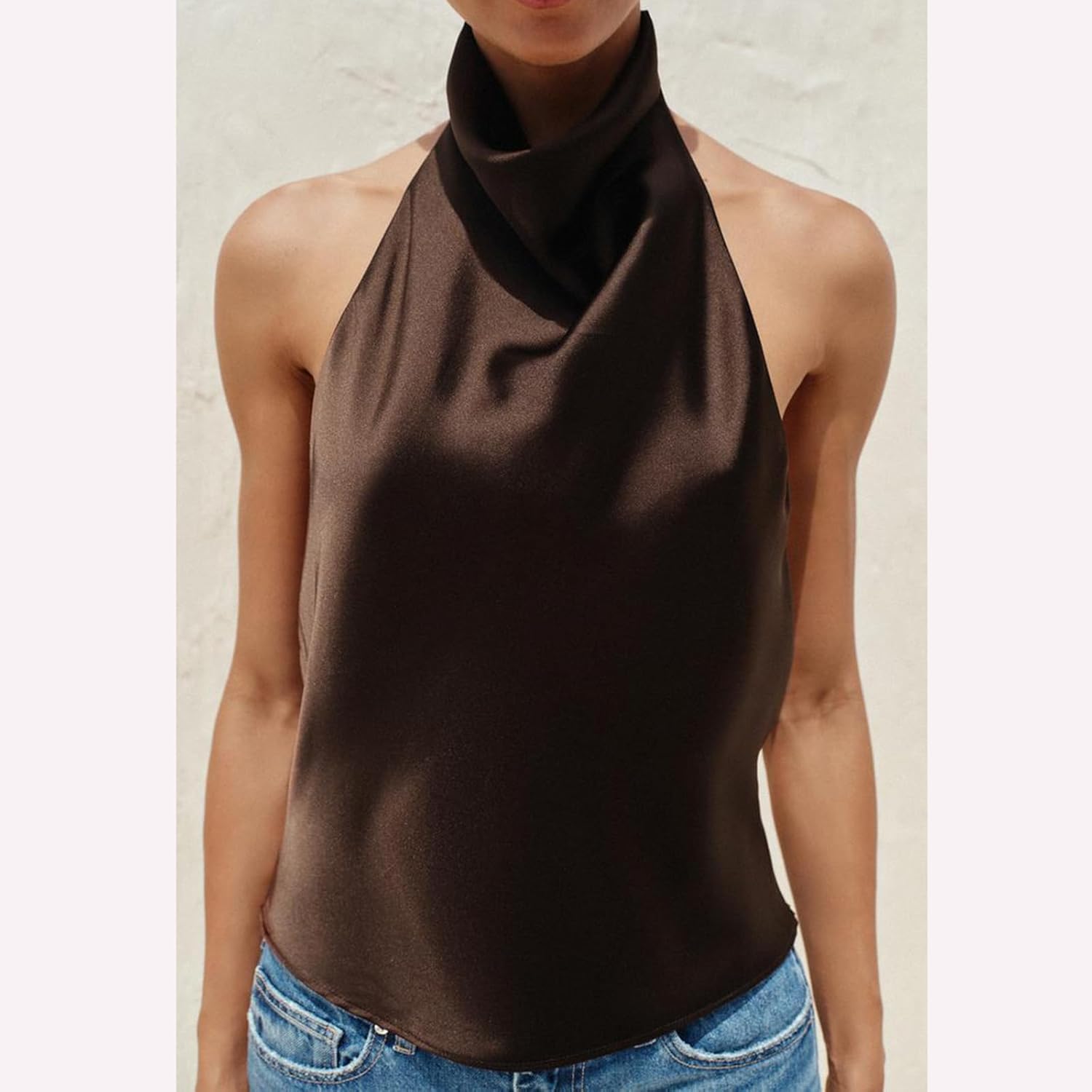 Women Y2K Halter Tank Tops Mock Neck Solid Color Satin Sleeveless Backless Slim Fit Going Out Camisole Streetwear - Image 5