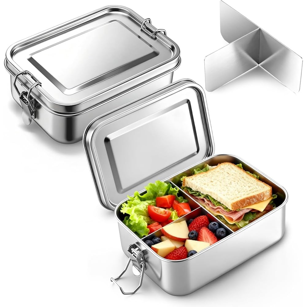 Hndhbfgrt Set of 2 Stainless Steel, 850 Ml Lunch Boxes with Compartments, Bento Box, Leak-Proof Metal Containers for Adults