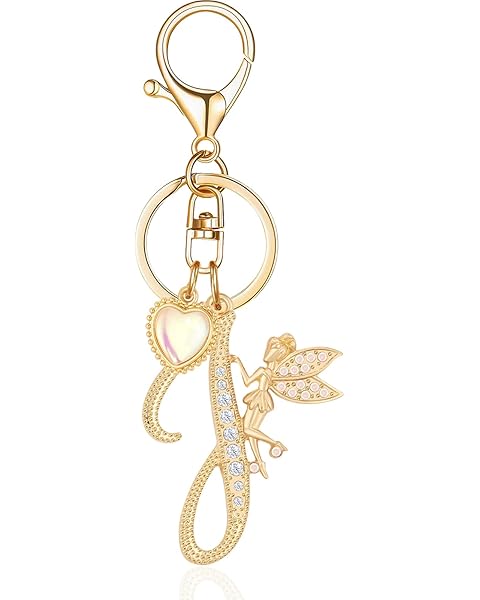 Gold Plated Alphabet Initial Letter Keyring Keychain for Women Girls Crystal Key Ch...