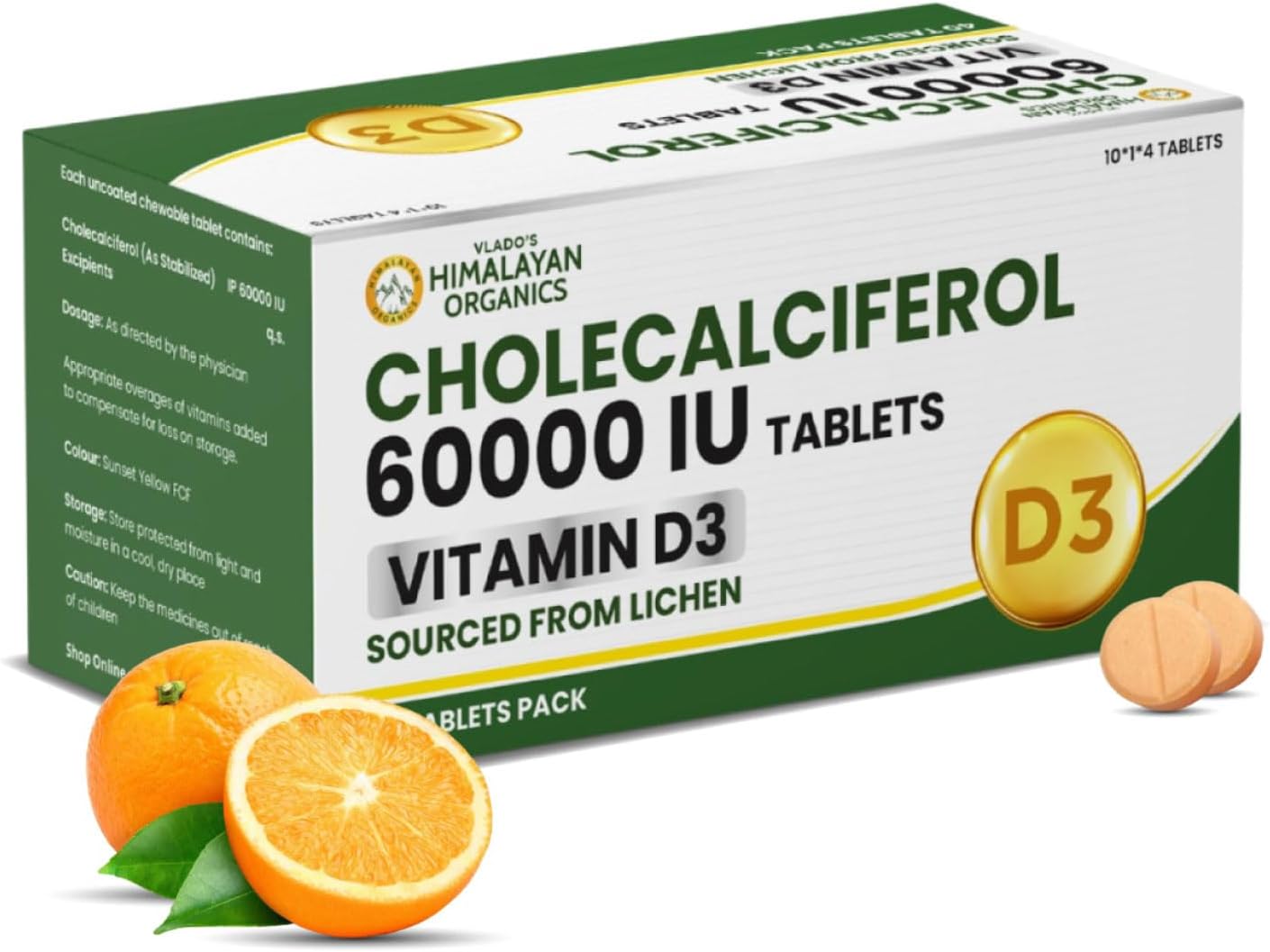 Vlado's Himalayan Organics Vitamin D3 60000 IU Tablets | Cholecalciferol I Vitamin D3 60k Supplement | Vitamin D 60000 iu Tablets | Cholecalciferol Supplement 60000iu for men & women | Orange Flavour - 40 Tablets