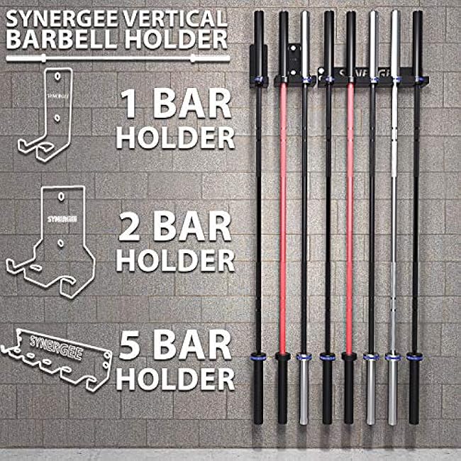 Synergee 1, 2 or 5 Barbell Holder. Vertical Hanging Rack. Holds Bars, Curl, Hex, Tricep Bars. Compact, Vertical Storage. Organization for Home, Commercial, Garage Gyms