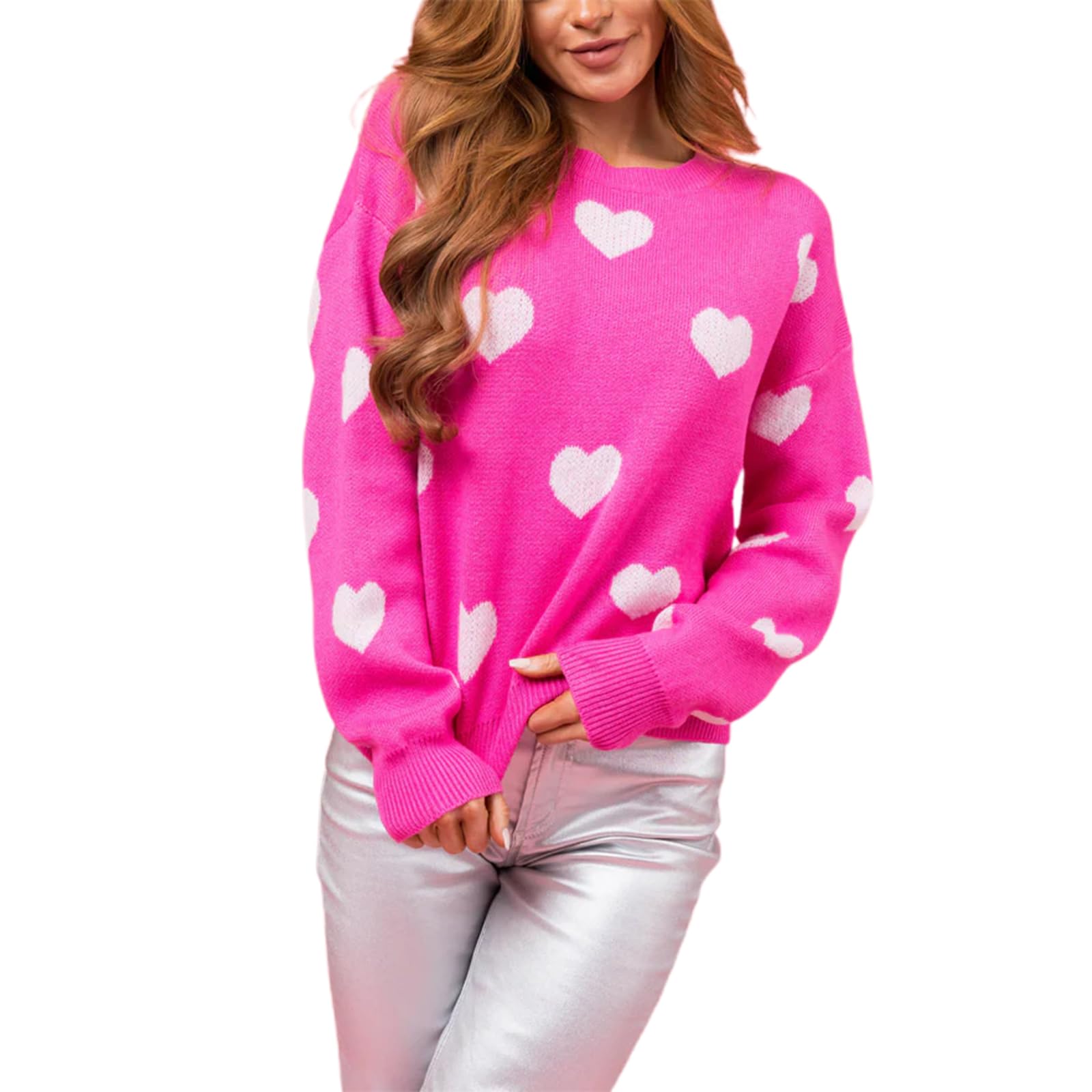 Womens Heart Pullover Sweaters Long Sleeve Loose Fit Crewneck Knit Pullover Tops Teen Girl Valentines Sweater