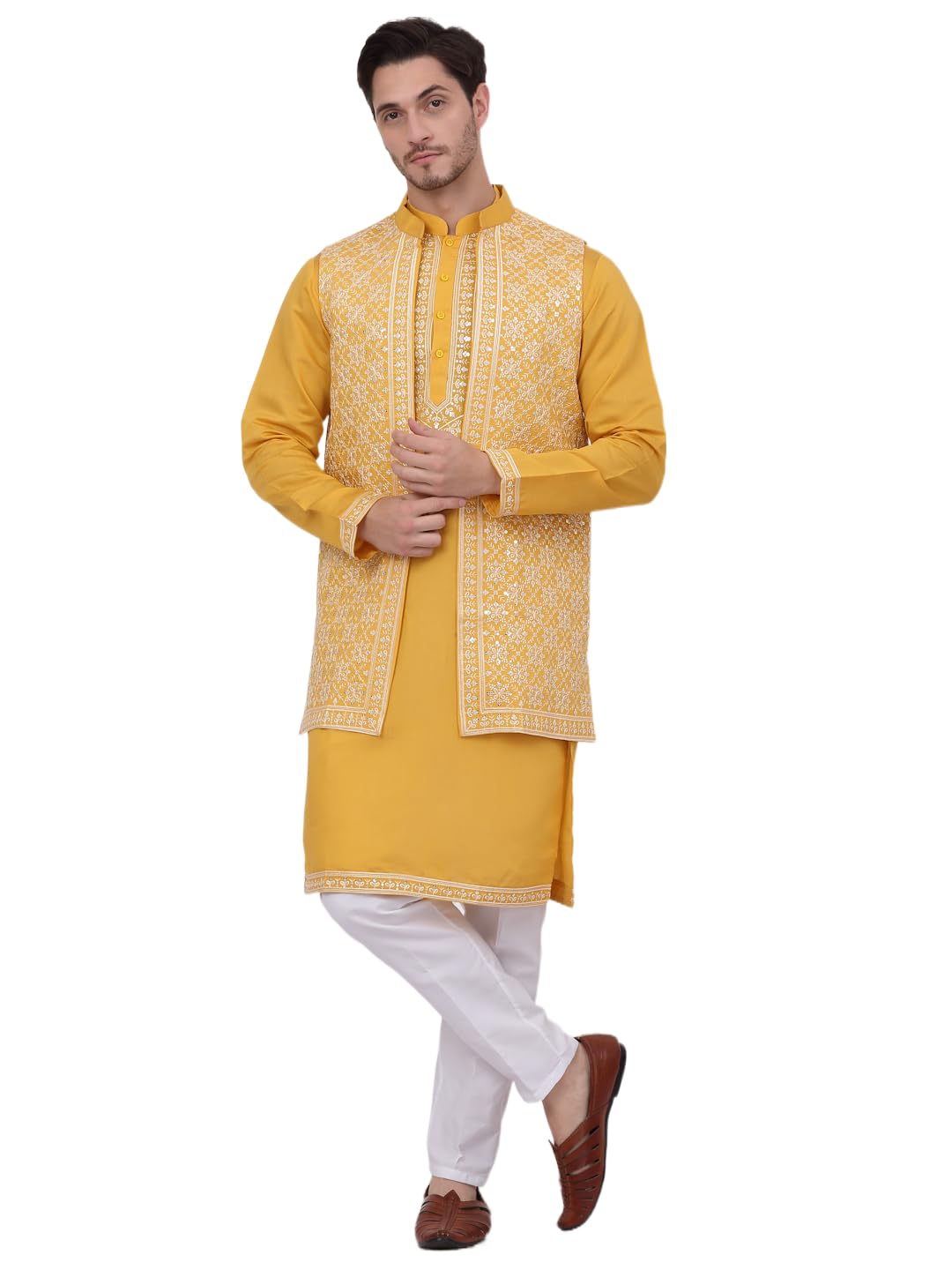 Jompers Men's Mustard Embroidered Waistcoat And Kurta Pyjama. (Mustard, Xl)