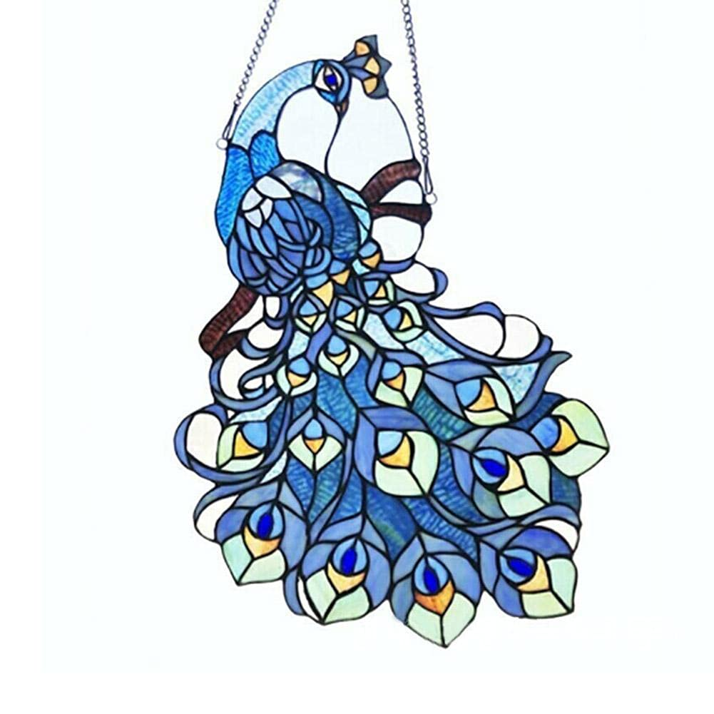 Pfauen-Buntglas-Fensterbehang – Runder Sonnenfänger Mit Kette, Handbemalt (Blau)