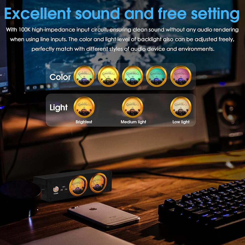VU Meter doppio analogico con indicatore del livello sonoro RGB, ingressi MIC e LINE, pannello DB, luminosità regolabile per il monitoraggio audio home theater
