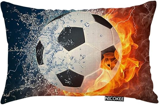 Throw Pillow Cover Cool Soccer Ball Art Amazing Football Fire with Ice Decorative Pillow Case Home Decor 20x12 Inches Pillowcase