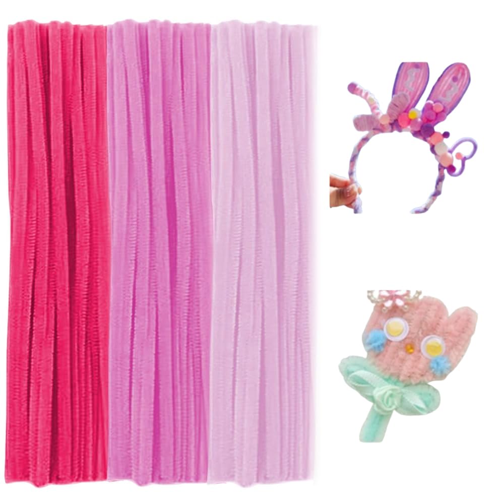 Lot de 300 cure-pipes roses en chenille - 3 couleurs pastel bonbon - 8 mm d'épaisseur - Pour travaux manuels, fleurs, décorations en vrac, tiges chenille (rose)