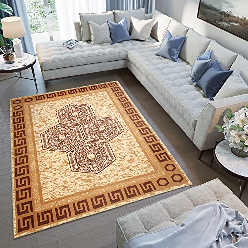 TAPISO Atena Tapis de Salon Chambre Ado Design Moderne Sable Marron Motif Grec Bordé Doux Fin Poil Court 120 x 170 cm