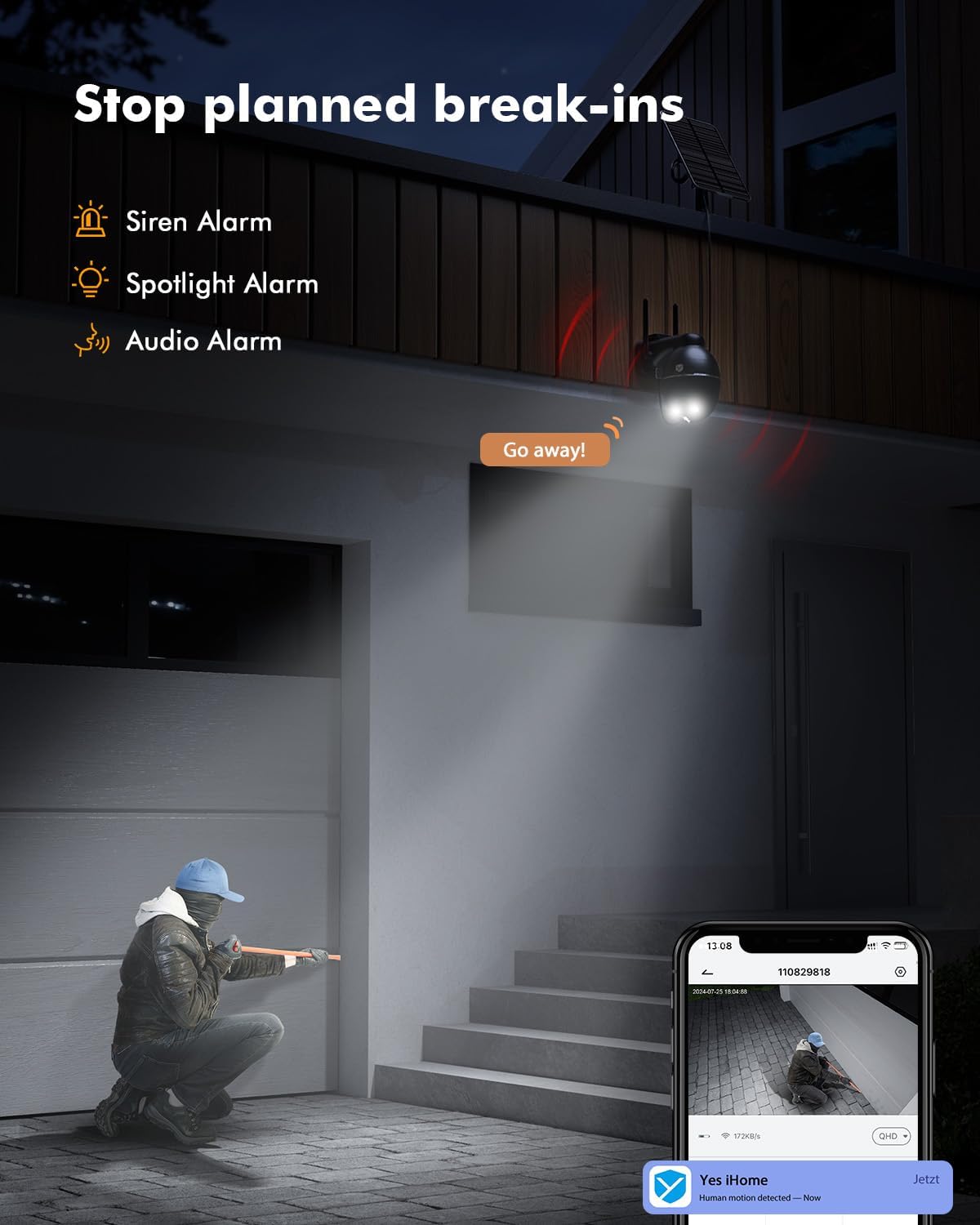 Solar Security Cameras Wireless Outdoor, 360° Panoramic View for Home Security, Rechargeable Batteries, 2K Color Night Vision, PIR Human Detection, 2-Way Audio, 2.4GHz, IP66 Waterproof