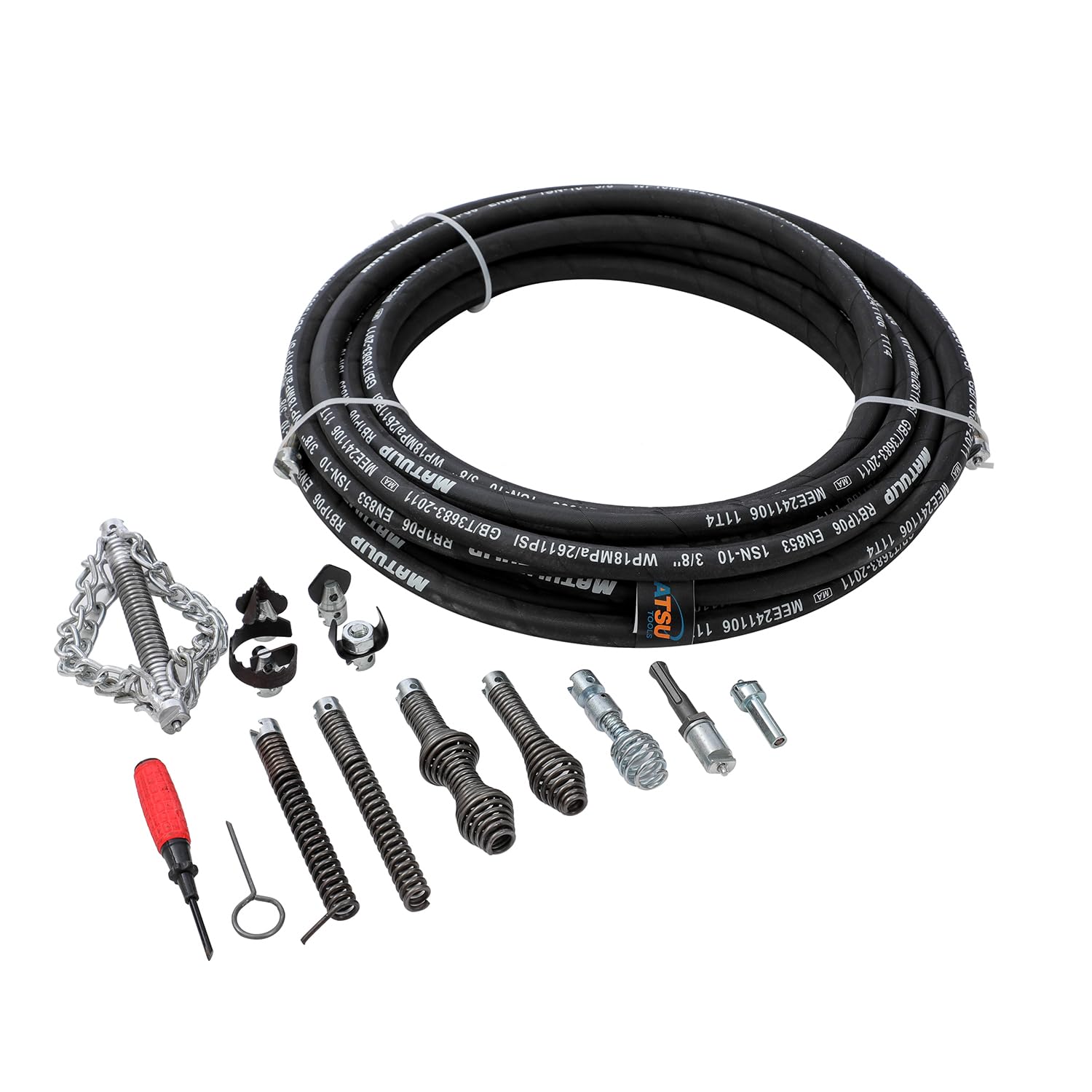 KATSU Tools Blockage Removal Kit 8mm x 10M, Drain Cleaning Cable Drill Attachments, Multi Descaling Cutters and Drain Chain, for Sink, Toilet, Drain Unblocking 318723