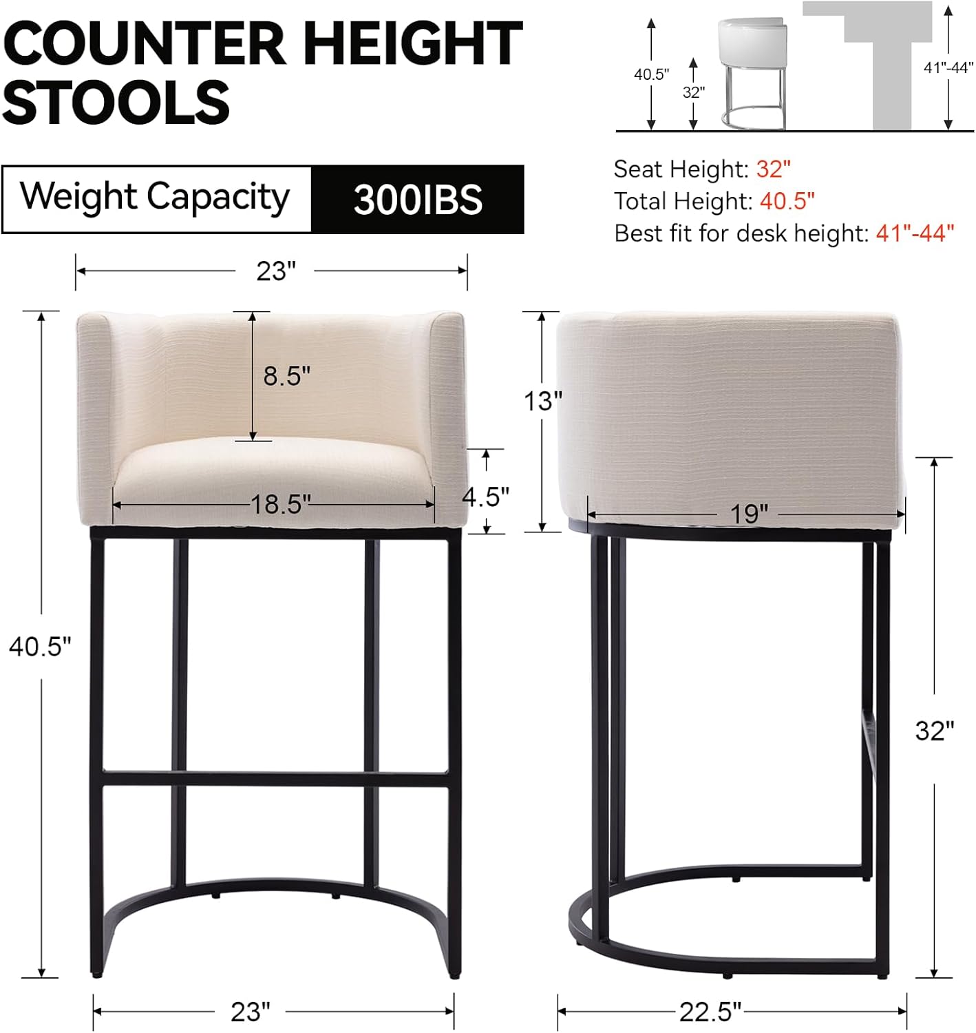 RIVOVA Contemporary Cream Linen Bar Stools Set of 2, 32" Upholstered Fabric Counter Height Barstool Kitchen Counter Island Stools with Black Metal Base