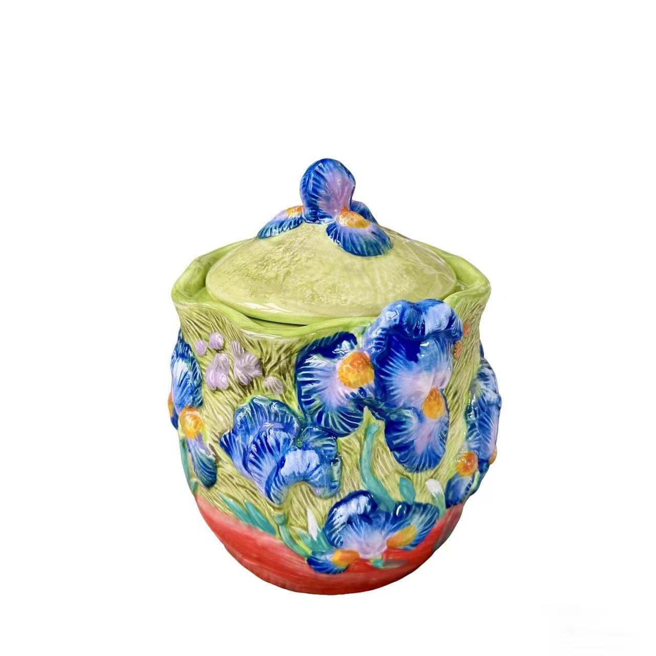 FORLONG Ceramic Hand-Painted Lrises Candy Jar, Food Storage Containers with Lids, Home Kitchen Countertop Decorative
