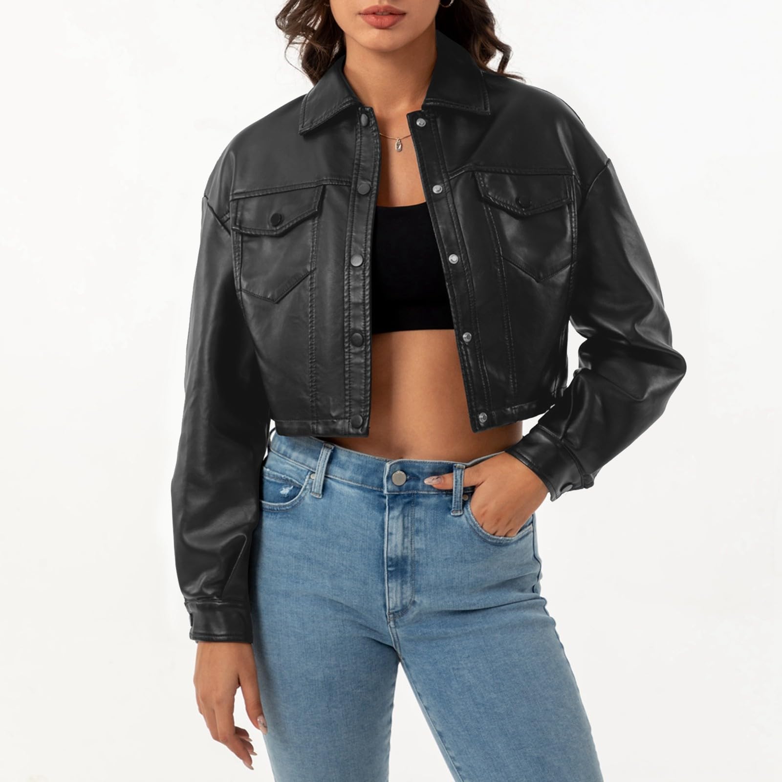 Lederjacke Damen Kurz Damen-Jacken Mode Leder Jacke Damen Motorrad Mantel Damen Einfarbig Frauen Kunstlederjacke Moto Biker Lederjacke Leicht Übergangsjacke Lederoptik Kurzmantel Mit Knöpfen