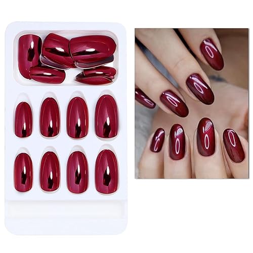 Miniatura 4 de Uñas postizas a presión medianas ovaladas, uñas postizas acrílicas de almendra, uñas postizas color rojo vino con diseños de efecto espejo mágico
