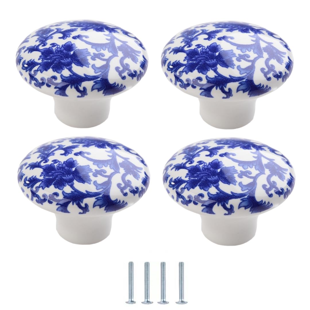 Lqzaxsrdr 38*27Mm Ceramic Cupboard Drawer Handle Knobs, Blue And White Porcelain Ceramic Knobs Pack Of 4 Multiple Sizes Single Hole(38 * 27Mm)