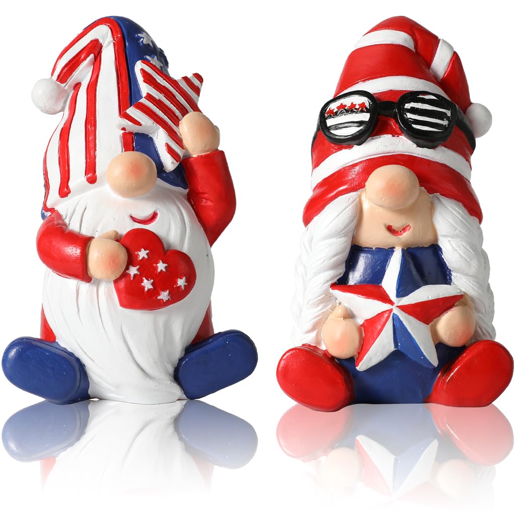 GoGnome 4th of July Gnomes Set of 2 - Handmade Resin Patriotic Gnomes Figurines for Indoor Independence Day Decorations (Patriotic)