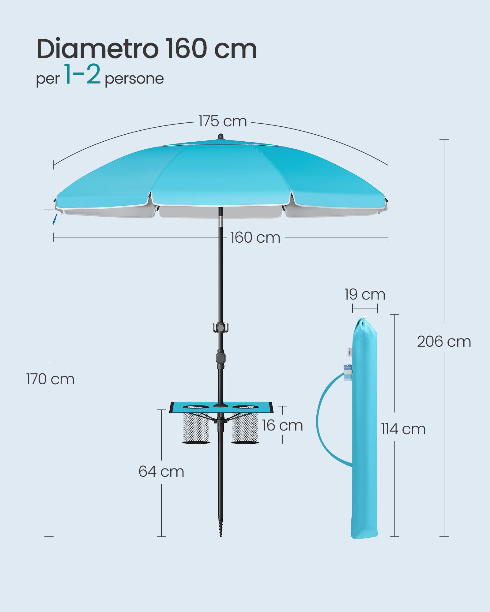 SONGMICS Ombrellone 160 cm UPF 50+ Inclinabile Regolabile Blu