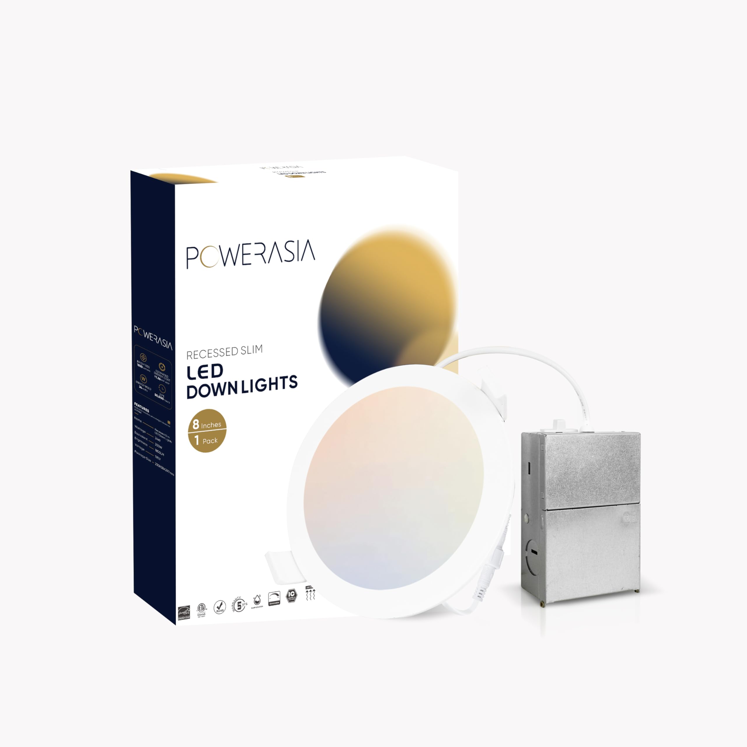 POWERASIA 1 Pack 8 Inch UL Certified LED Recessed Lighting with Junction Box, 5CCT 2700K-6000K Selectable Ceiling Light, 24W 1800lm Ultra-Thin Recessed Downlight-Energy Star Certified