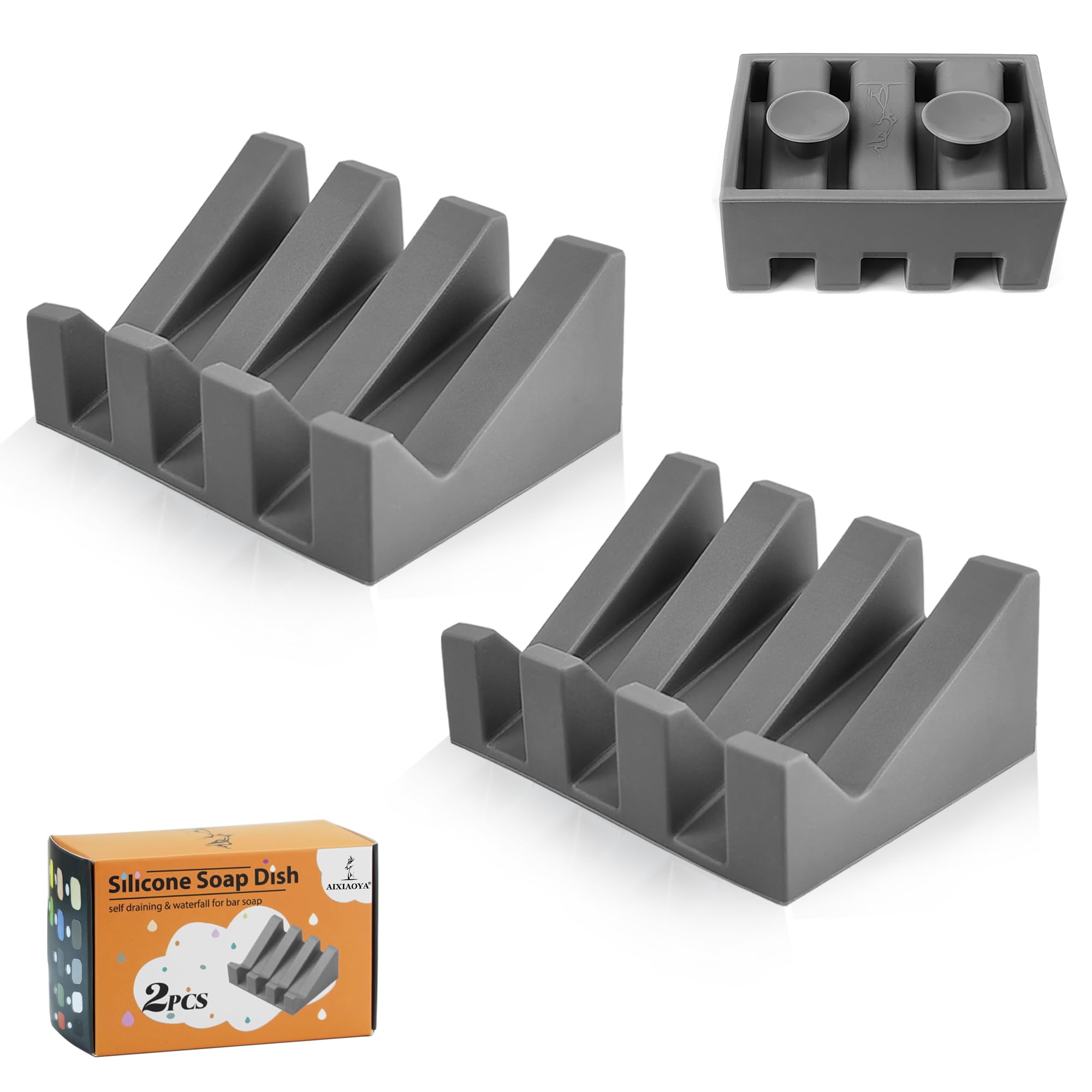 Silicone Soap Dish with Drain, Upgrade Double Suction Cups at The Bottom for Anti-Slip and Stability, Soap Dish Shower Waterfall Bar Soap Holder Tray with Drain Soap Holder (2, Grey)