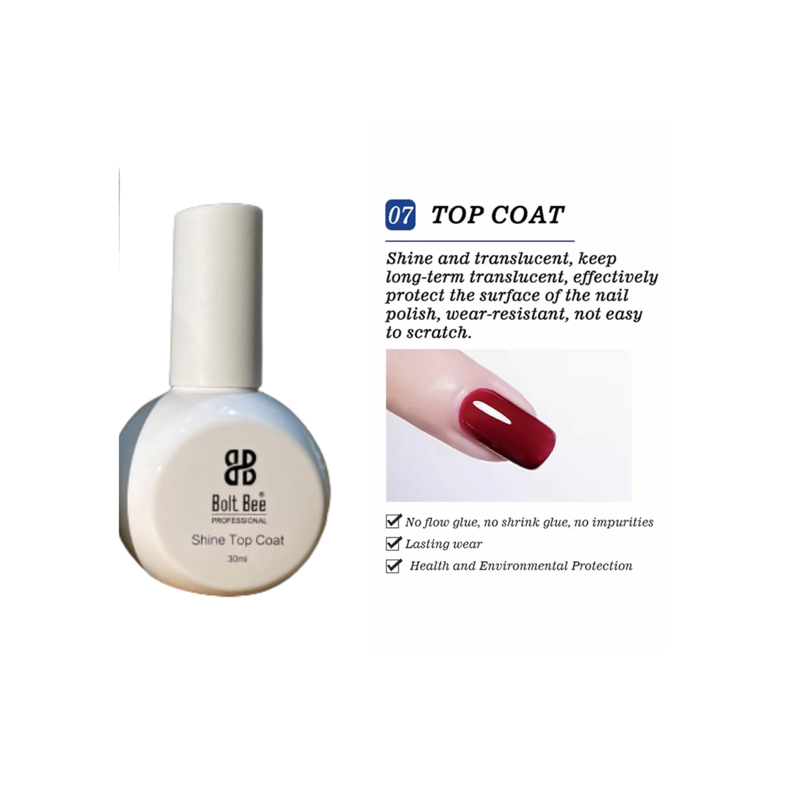 Professional Gel Nail Polish Shiny Top Coat, No-Wipe, High Gloss, Long-Lasting, UV/LED Cured 30ml 1