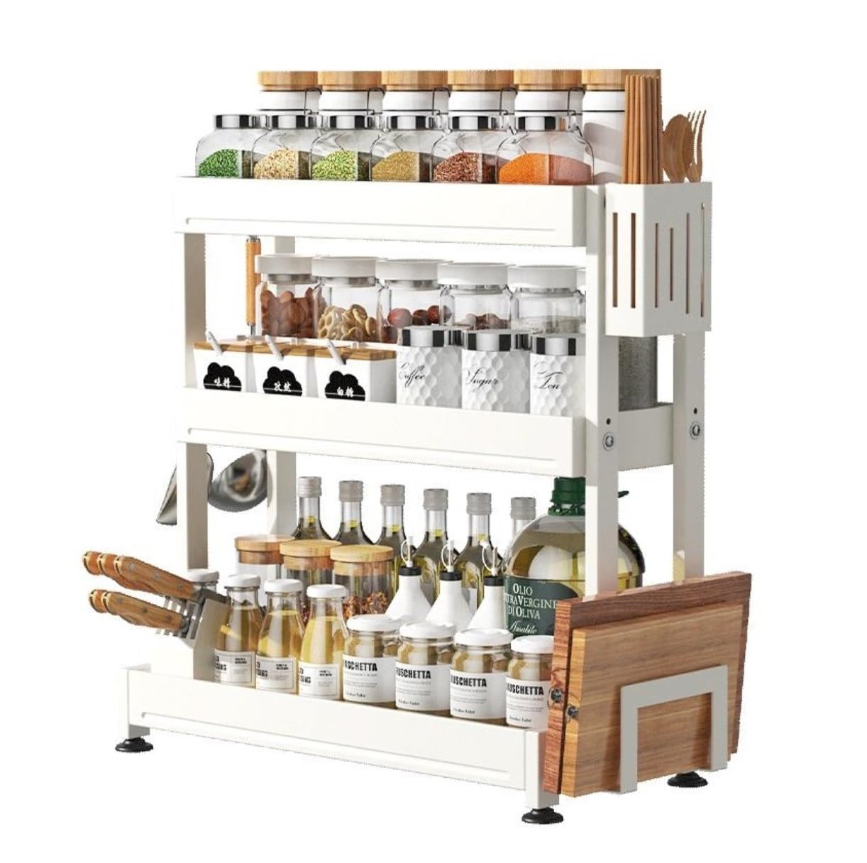 YNIYUJKL Spice Rack Spice Organizer Spice Shelf 3 Tier Spice Rack With Cutting Board Holder Chopstick Holder Knife Holder Stainless Steel Spice Organizer For Kitchen Seasoning Org