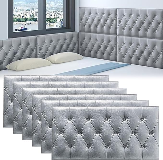 MOTTK 4/6/8 Pack 3D Anti Collision Wall Padding Panels,70x35cm DIY Peel and Stick Headboard Panel Wall Cushion Protection for Bedroom Nursery (Grey,6)