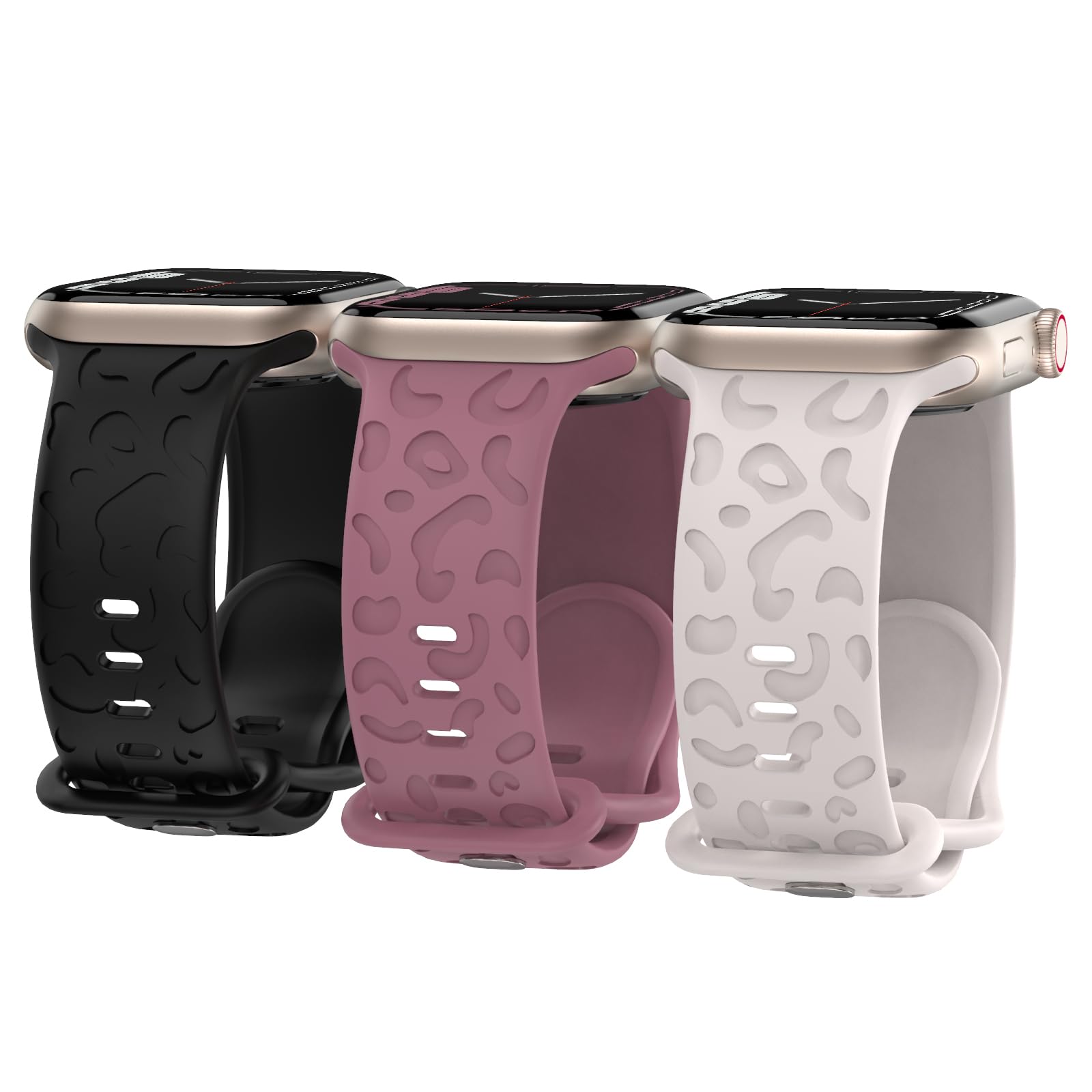 MAXTOP 3 Pack Sport Bands Compatible with Apple Watch Band 38mm 40mm 41mm 42mm 44mm 45mm 49mm,Soft Silicone Leopard Engraved Wristbands Replacement Strap for iWatch Series 8 7 6 5 4 3 2 SE Women Men