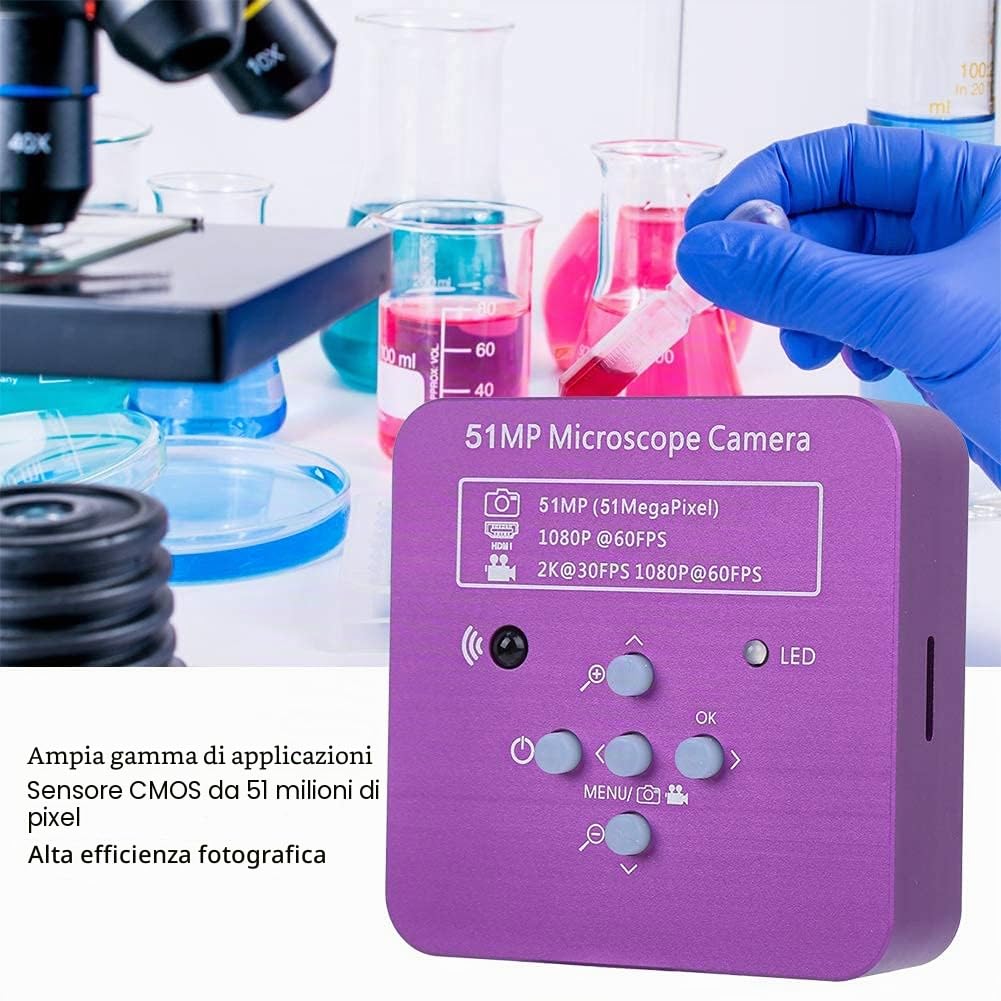 Fotocamera per microscopio Industriale Full HD 51MP 2K 1080P HDMI USB, Obiettivo con Attacco C Zoom 8X-130X 5100 CMOS Pixel Videocamera Digitale Elettronica con Telecomando,Spine statunitensi