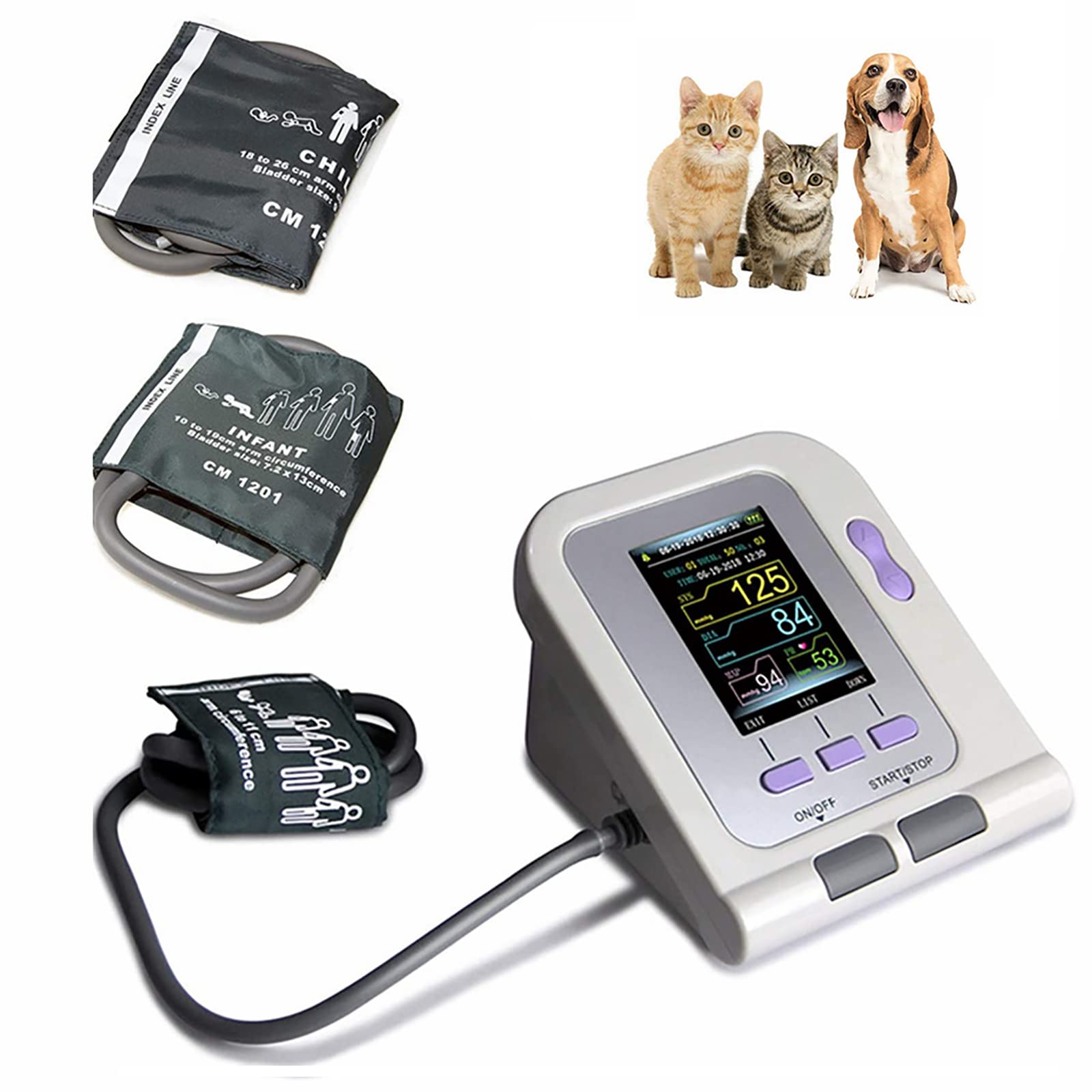 Sfigmomanometro automatico per animali con display LCD, include 3 polsini (6-11 cm, 10-19 cm, 18-26 cm) - Macchina veterinaria BP