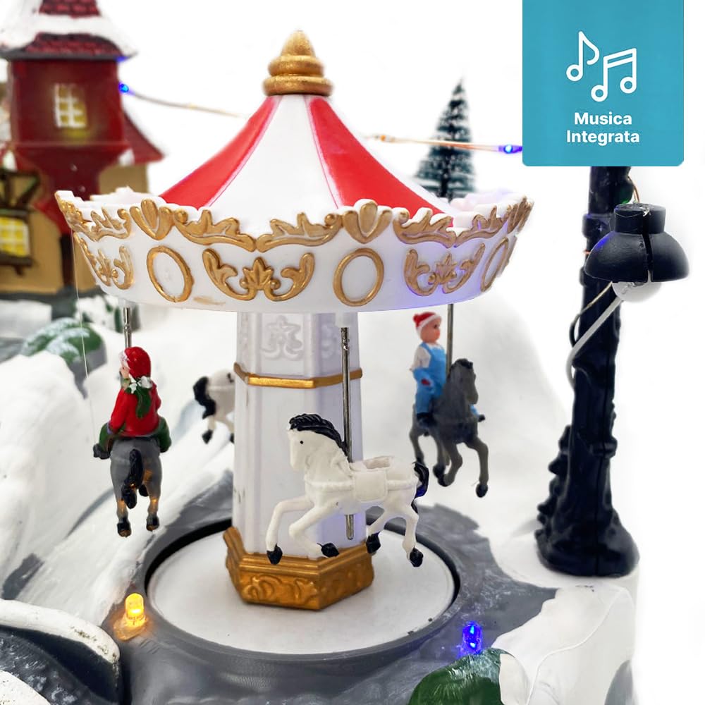 PALUPLUS Villaggio Innevato di Natale da tavola con Luci, Musica e Movimento, Misura 31x19,5x21 cm, Giostrina con Casetta, Treno, Carosello, Decorazioni Natalizie -8072C